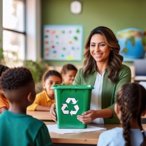Teacher at school recycling